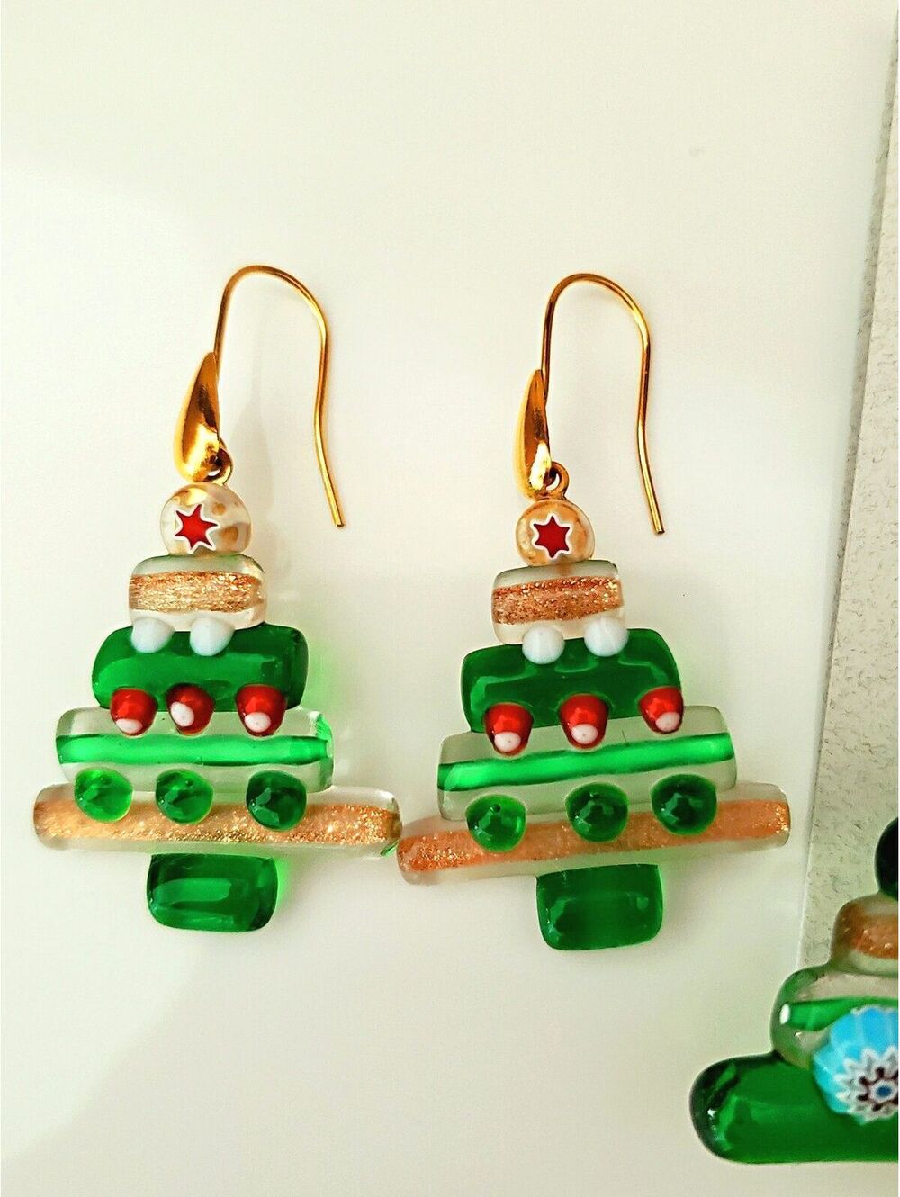 Vintage Glass Christmas Tree Glass Art Brooch & Earring Lot - Picture 3 of 7